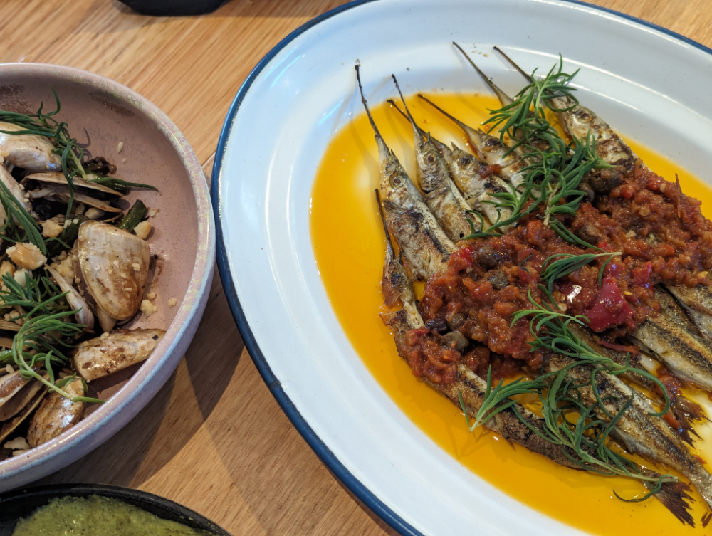 Sweet nutty Goolwa pipis and charred grill wapi (garfish) Mabu Mabu 