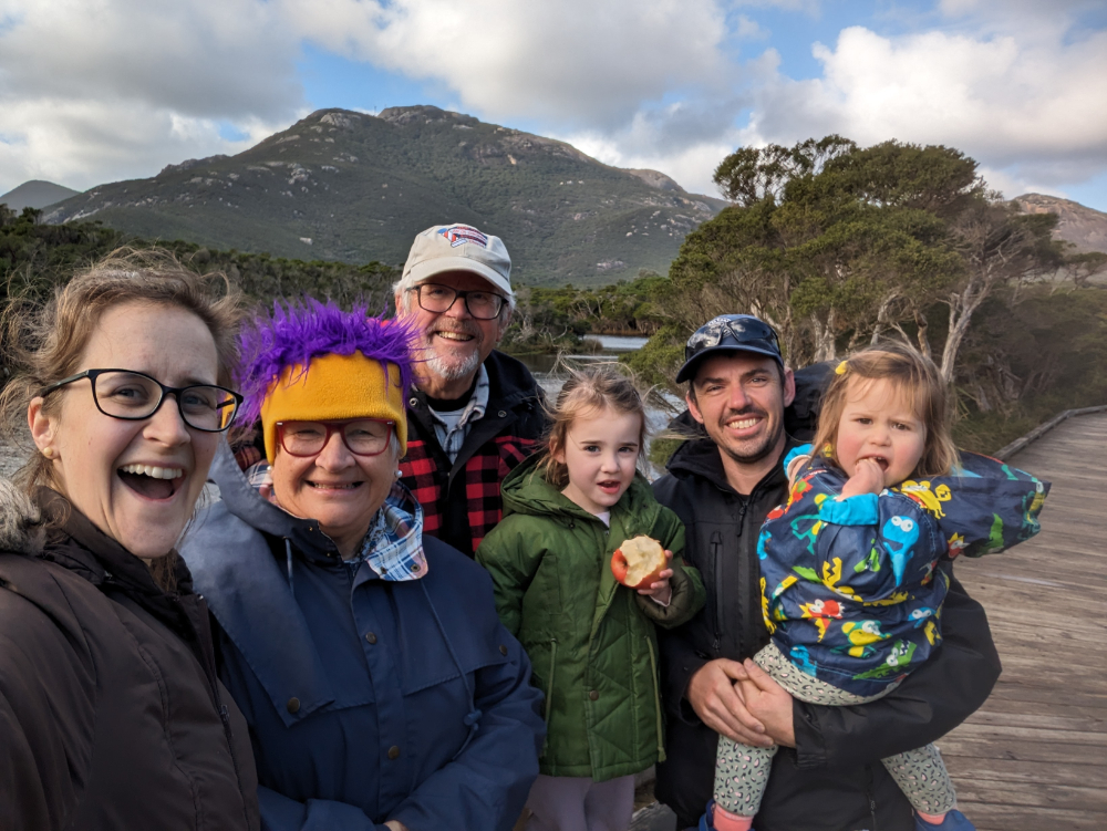 A group selfie taken on the Loo-Errn boardwalk trail nearby our wilsons prom accommodation