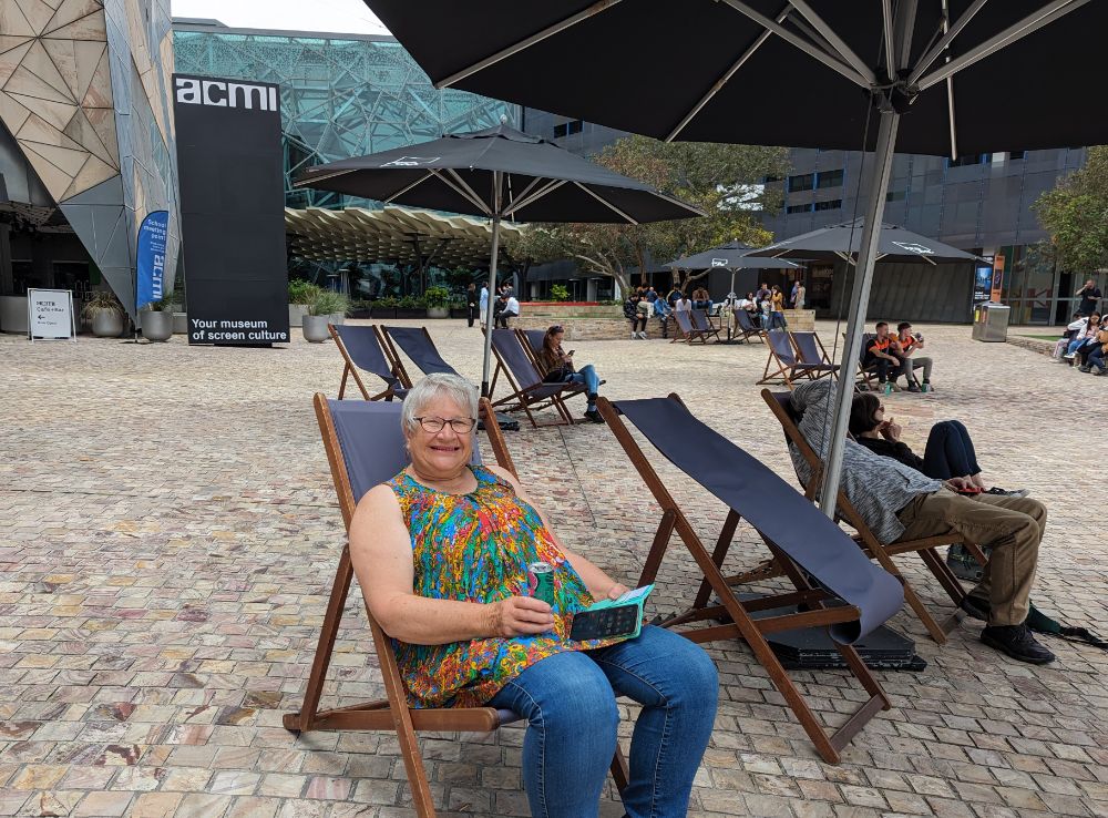 Terrie sitting in Federation Square before the Victorian Seniors Festival