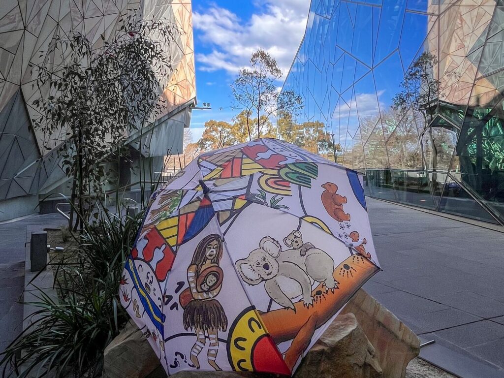 Australian made souvenirs, Umbrella spotted ay Koorie Shop, Federation Square