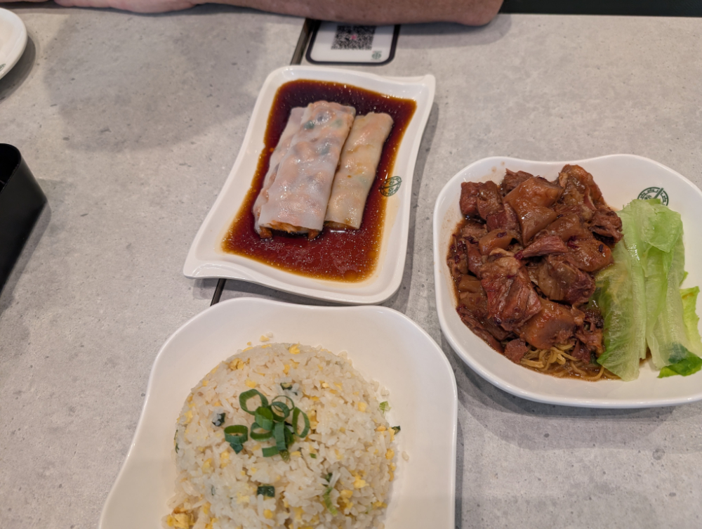 Vermicelli roll with BBQ pork, HK beef brisket noodles, egg fried rice